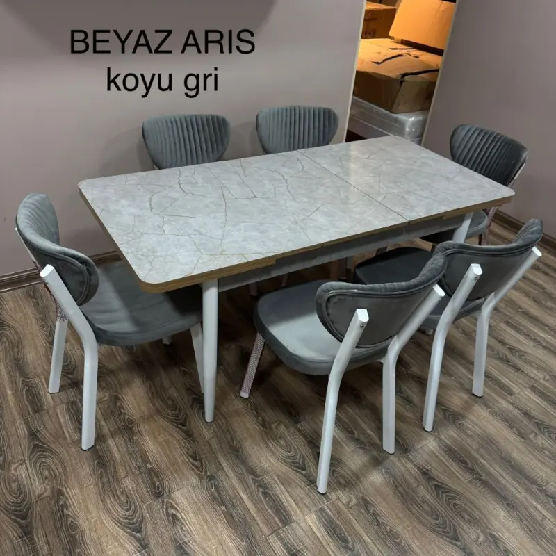 JANISA Beyaz Aris Koyu Gri | Кухонный стол и 6 стульев, турецкое качество
