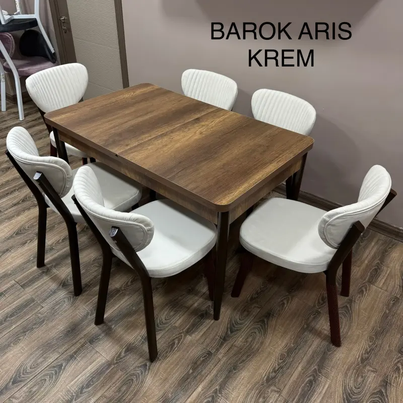 DJANISA Barok Aris Krem | Kitchen Table Set with 6 Chairs Cream Finish