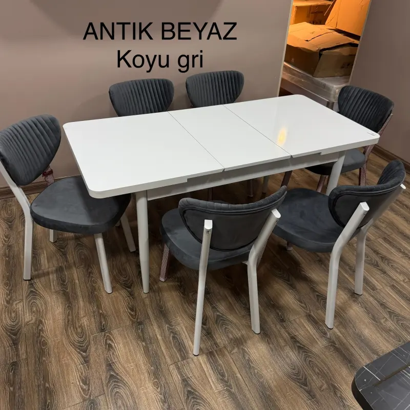 Janisa Antik Beyaz Koyu Gri | Kitchen Table Set 1 Table + 6 Chairs