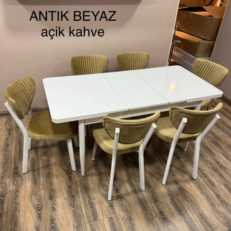 DJANISA Antik Beyaz Achik Kahve | Kitchen Table Set 1 Table + 6 Chairs