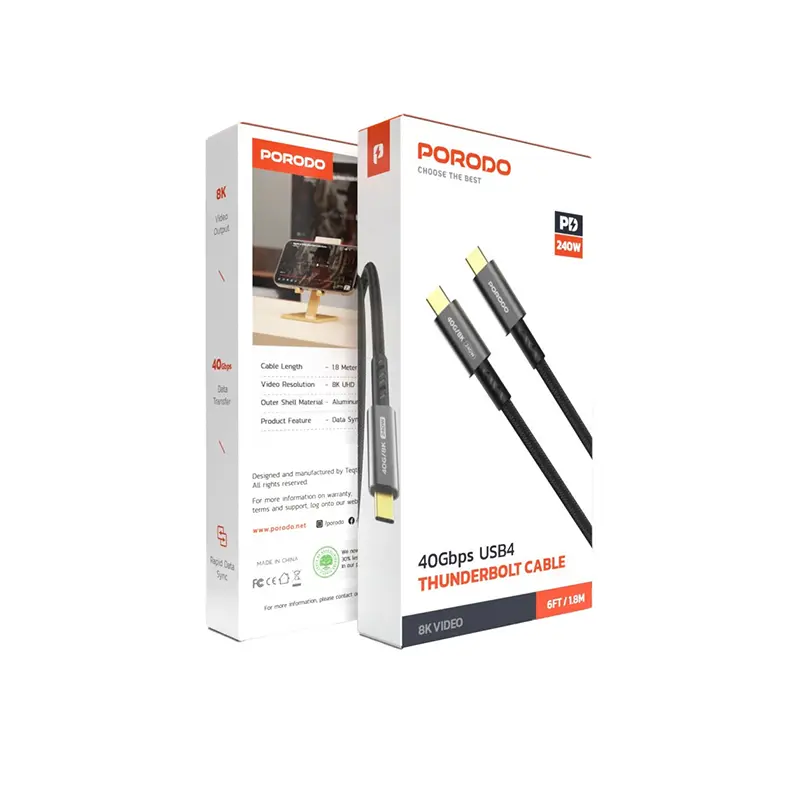 Porodo CBLPORPDWCC240W | USB-C Cable 240W 40Gbps Woven 1.8m
