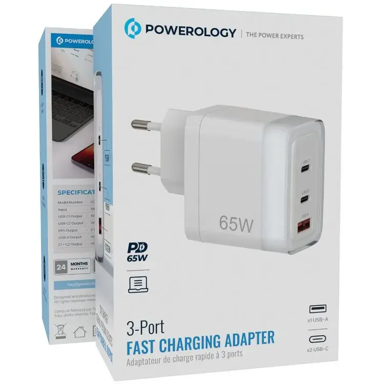 Powerology PWFC1028EWH | Mobile Phone Charger 65W Fast Charge