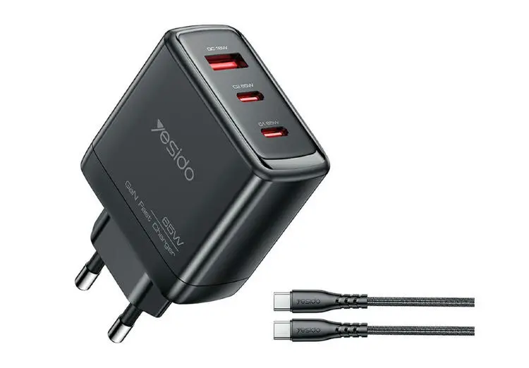 YESIDO YC144C | Mobil Zarýad Beriji 65W GaN Çalt Zarýad 1xUSB 2xType-C