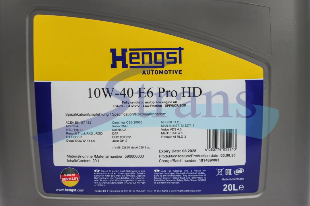 HENGST OIL 2373800000 | Engine Oil 10W-40 E8 HD Pro 20L