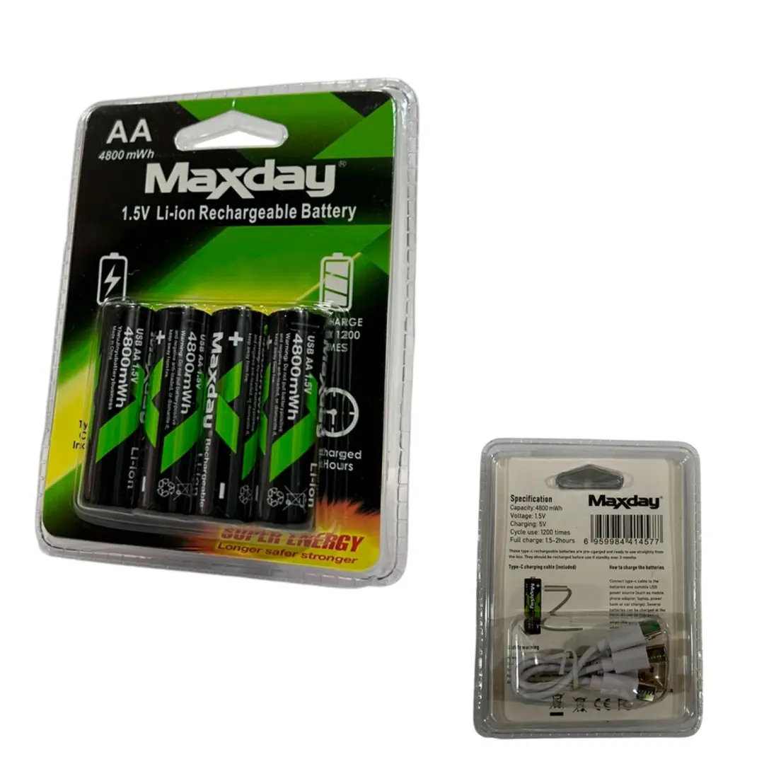 Maxday | Перезаряжаемая батарейка AA Li-ion 1.5В 4800мВт·ч Type-C