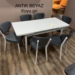 Djanisa Antik Beyaz Koyu Gri | Nahar Stol Toplumy 1 Stol + 6 Oturgyç