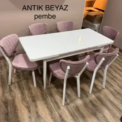 DjanisaAntik Beyaz Pembe | Nahar Stol Toplumy 1 Stol + 6 Stul, Mugt Eltip Bermek