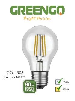 Greengo Filament E27 GO-4308 | Светодиодная лампа тёплый свет 6 Вт