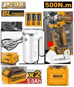 Ingco 20В Комплект Boltowyort 500Нм + Миксер 7,4В 60Вт, беспроводной, 2 шт, COSLI240787
