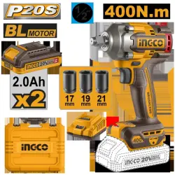 Ingco CIWLI2040 аккумуляторный ударный гайковерт 20В 400Нм 2x2,0Ач