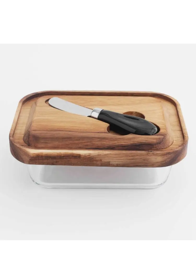 MAR MAR-1145 | Butter Dish Wooden Base with Glass Lid and Knife