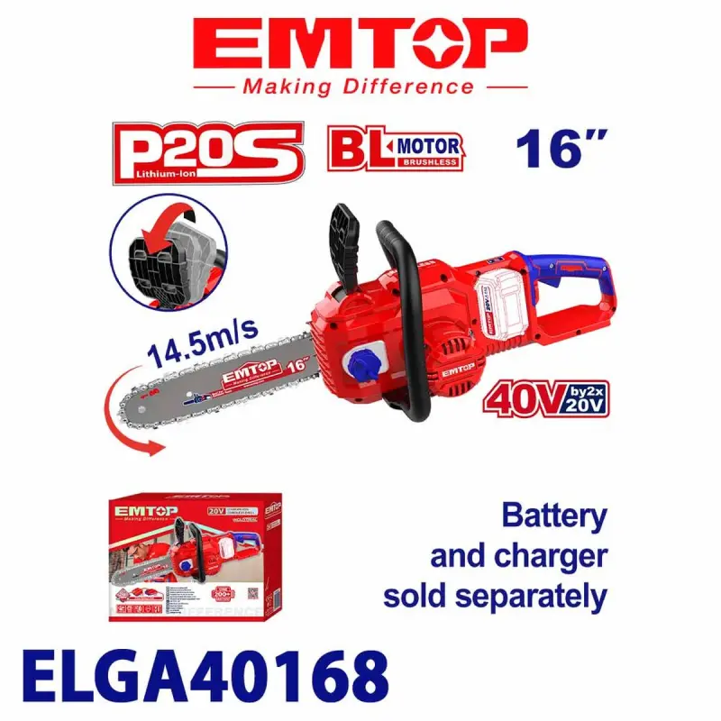 Emtop ELGA40168 | Cordless Chainsaw 16 inch 20V Bare Tool