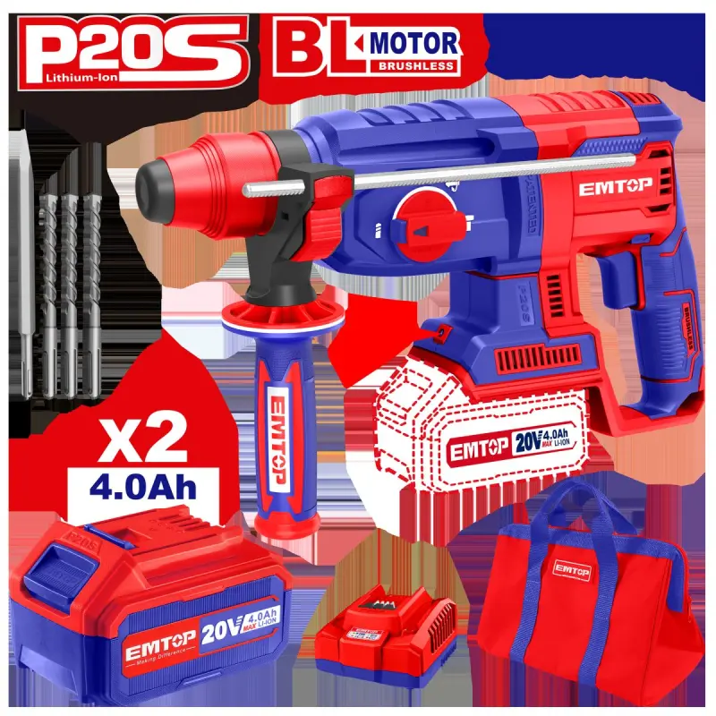 Emtop ELRH202286 | Rotary Hammer 26mm 20V 4.0Ah 2 Batteries