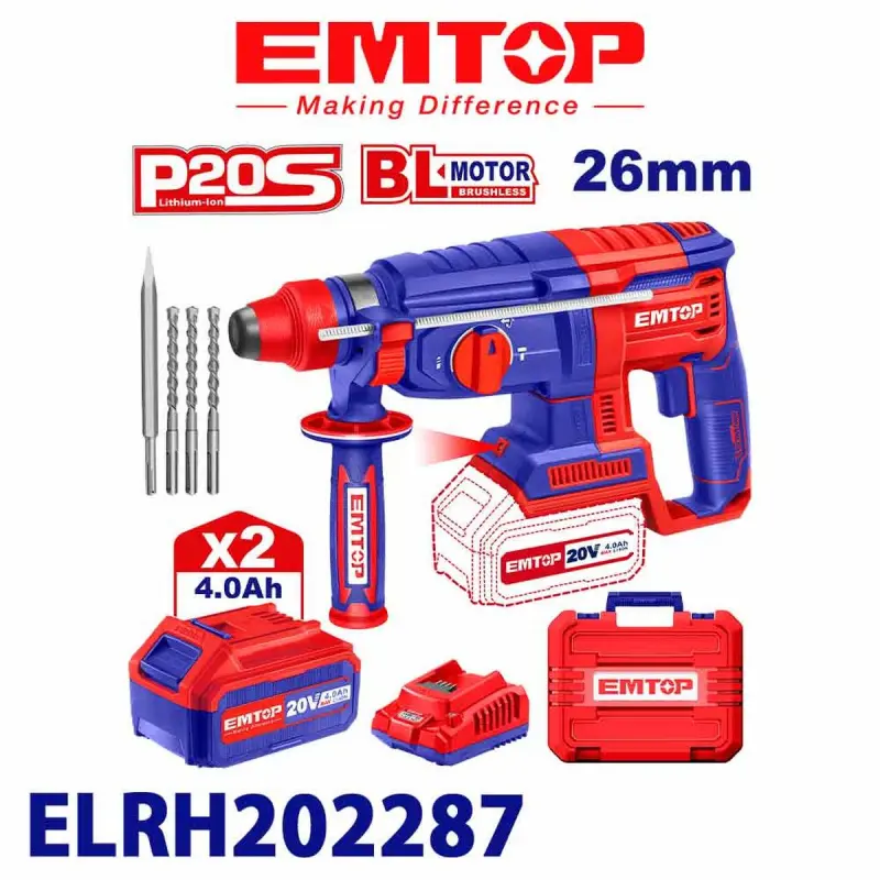 Emtop ELRH202287 | Rotary Hammer 20V 26mm Brushless 2x4.0Ah Batteries