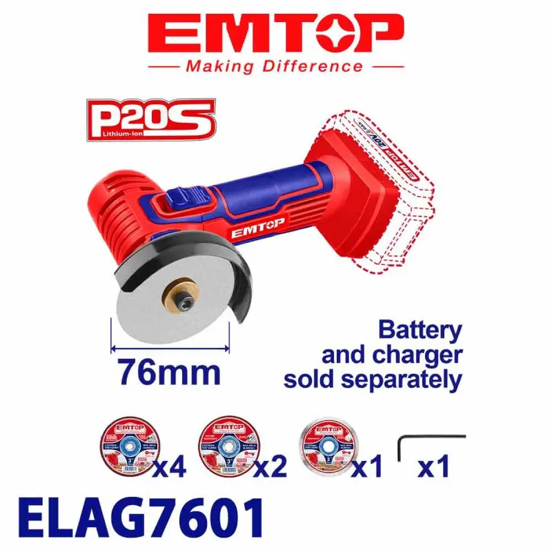 Emtop ELAG7601 | Cordless Angle Grinder 20V 76mm