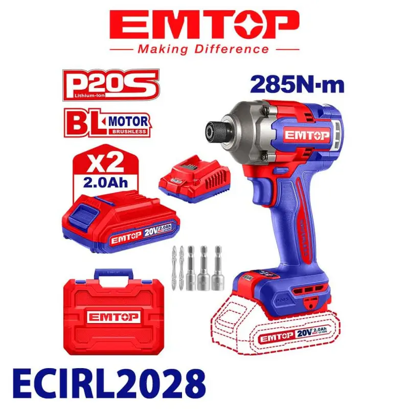 Emtop ECIRL2028 | Impact Wrench 20V BL 285Nm 2x2.0Ah