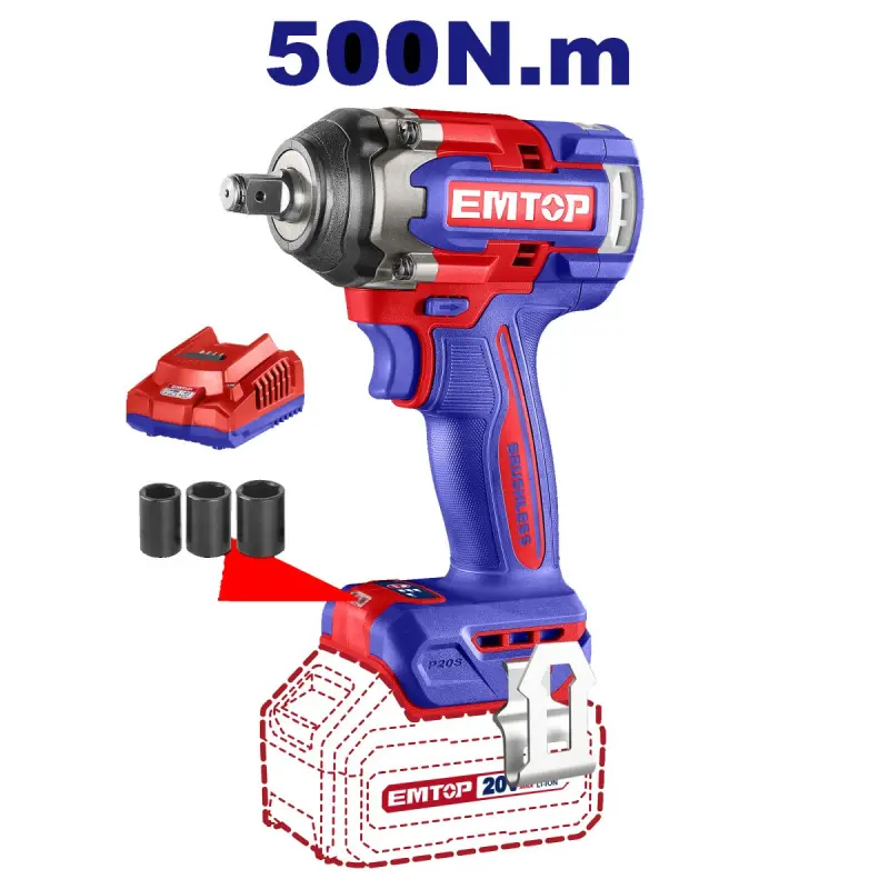 Emtop ECIWL2050 | Impact Wrench 20V Brushless 500Nm 4.0Ah 2 Batteries