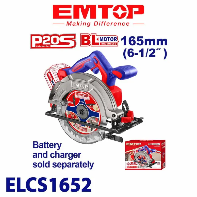 Emtop ELCS1652 | Аккумуляторная циркулярная пила 20В BL 165мм