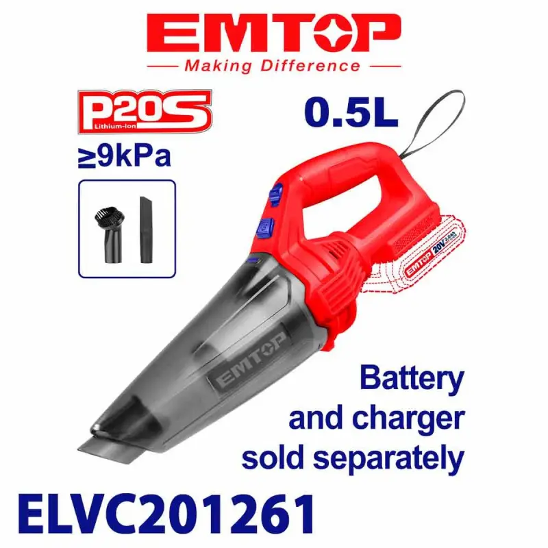 Emtop ELVC201261 | Simsiz Tozan Sorujy 20V 0,5L (Batareýasyz)
