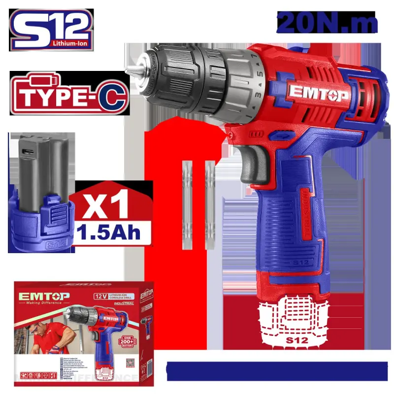 Emtop ECDL12510 | Cordless Screwdriver 12V 1.5Ah 10mm
