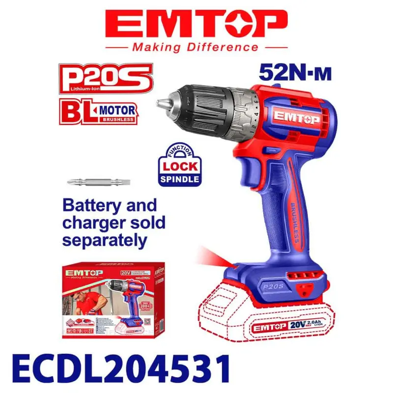 Emtop ECDL204531 | Шуруповерт аккумуляторный 20В 52Нм (без батареи)