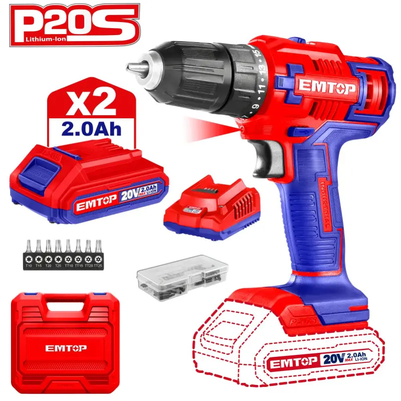 Emtop ECDL200528 | Cordless Drill Driver 20V 2x2.0Ah Batteries