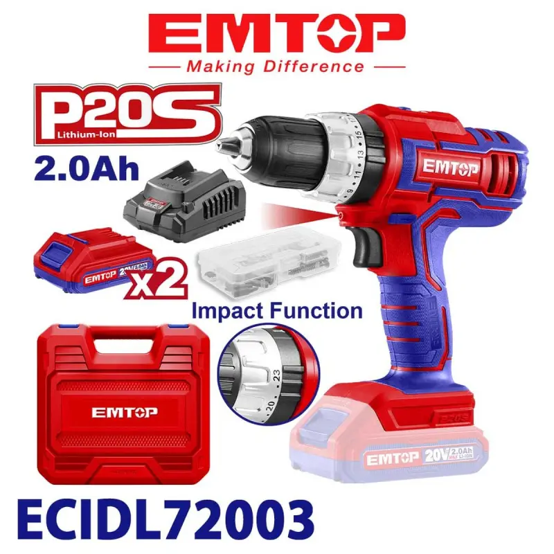 Emtop ECIDL72003 | Akkumulýatorly Uryuly Buraw 20V 2x2.0Ah Batareýa