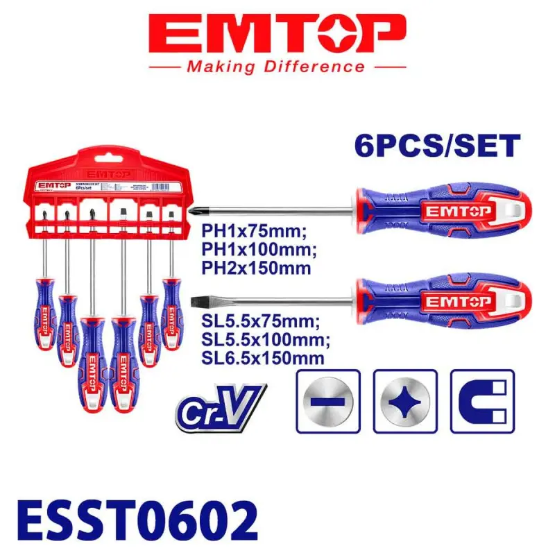 Emtop ESST0602 | Screwdriver Set Cr-V 6pcs