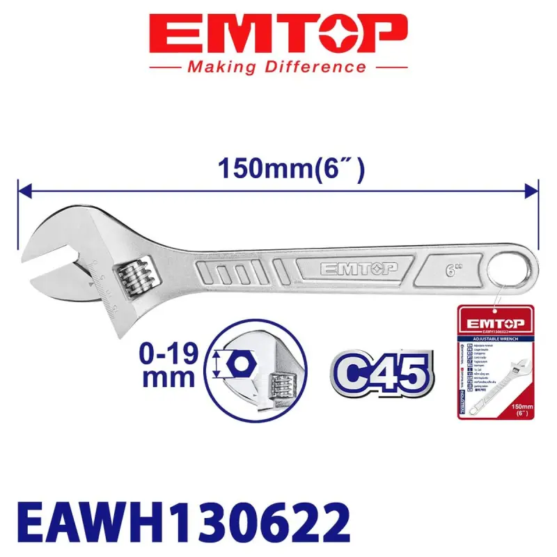Emtop EAWH130622 | Adjustable Wrench 150mm Chrome-Plated