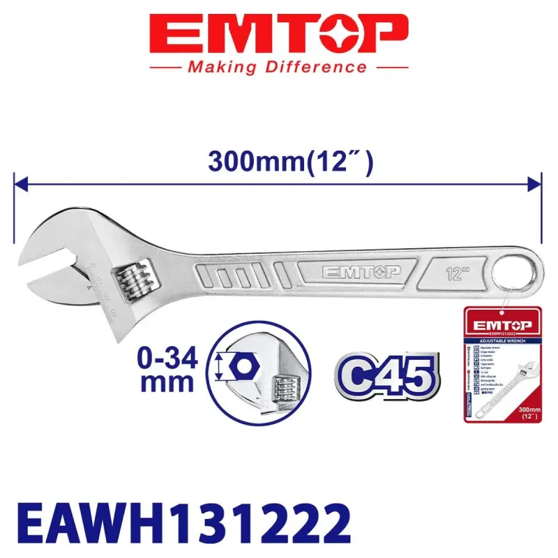 Emtop EAWH131222 | Разводной ключ 300 мм хром-ванадиевая сталь