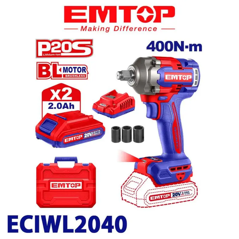 Emtop ECIWL2040 | Cordless Impact Wrench 20V 400Nm 2x2.0Ah Brushless