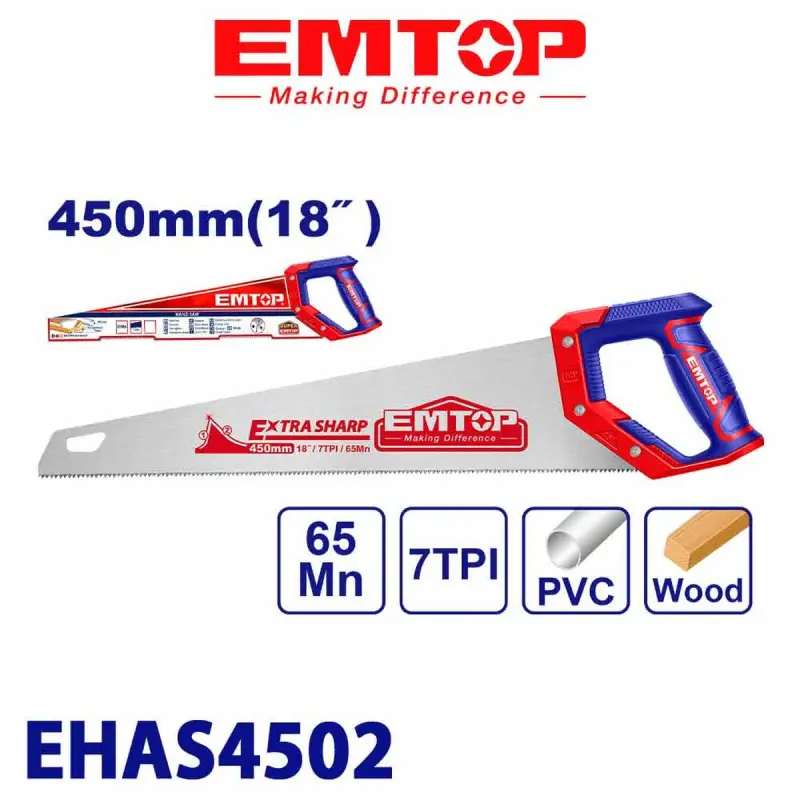 Emtop EHAS4502 | Hand Saw 450mm High Carbon Steel Blade