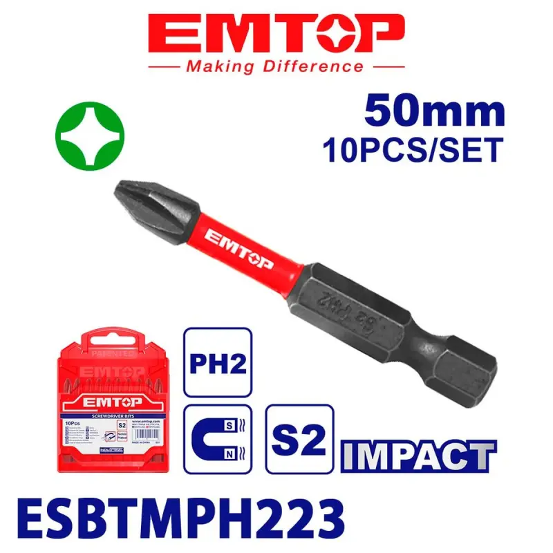 Emtop ESBTMPH223 | Набор PH2 ударных бит 50мм 10шт