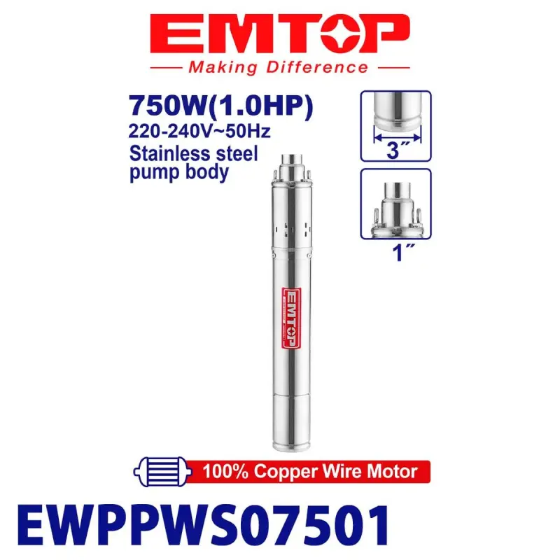 Emtop EWPPWS07501 | Deep Well Pump 3 Inch 33L/min