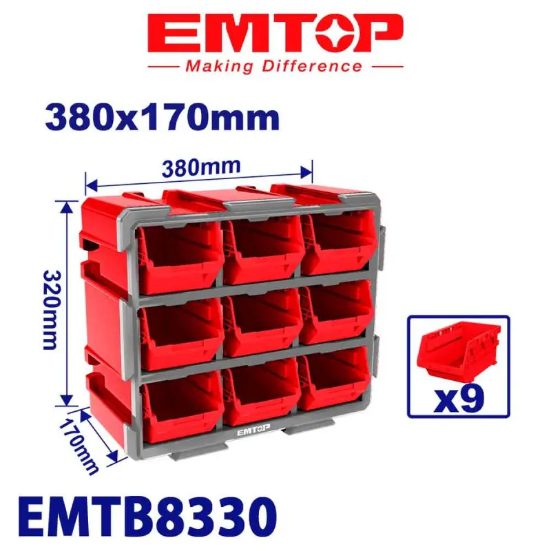 Emtop EMTB8330 | Plastic Storage Box 9-Compartment 380x170x320mm