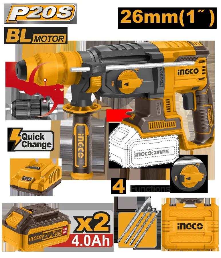 Ingco 20В Аккумуляторная ударная дрель BL 26 мм, 2х4,0 Ач, CRHLI202289