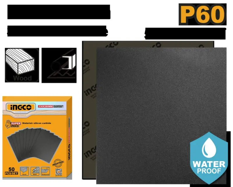 Ingco suw geçirmeýän zımpara kagyzy 230x280mm P60 (50 sany)
