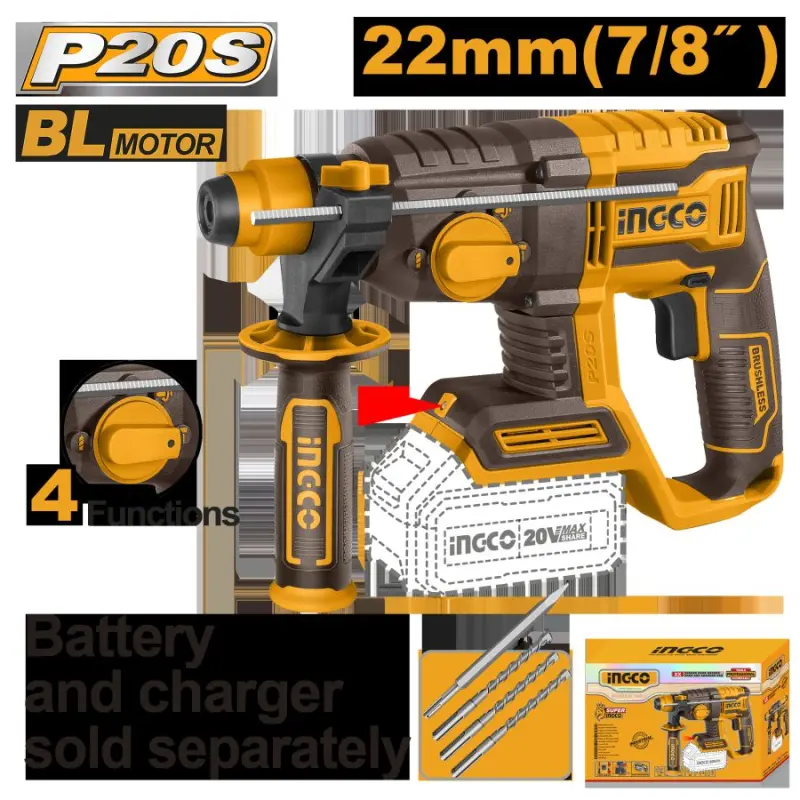 Ingco 20V akkumulýatorly perforator BL 22 mm (akkumulýatorsyz)