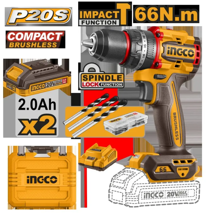 Ingco kiçi göwrümli brushless akkumulýatorly uruly buraw 66Nm 20V 2 batareýa