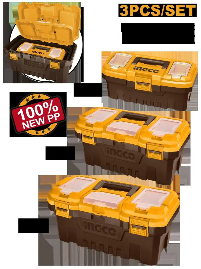 Ingco 3-Piece Durable Plastic Toolbox Set for Professional Tool Storage