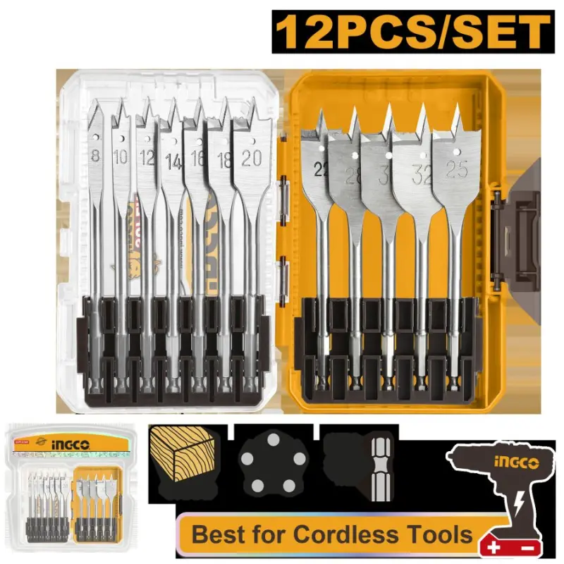 Ingco 12-Piece Wood Spade Drill Bit Set, Model AKDL1206