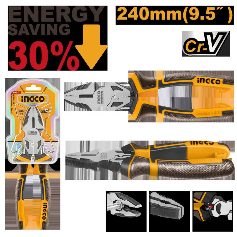 Ingco Combination Pliers 240mm 30% Extended Lever Cr-V HHCP28240