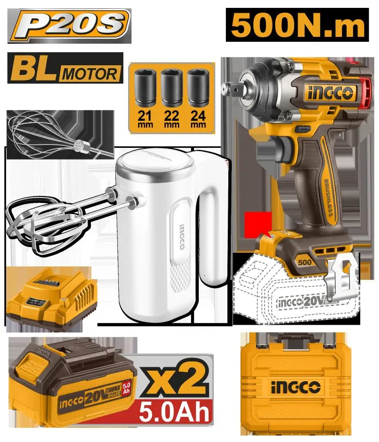 Ingco 20В Комплект Boltowyort 500Нм + Миксер 7,4В 60Вт, беспроводной, 2 шт, COSLI240787