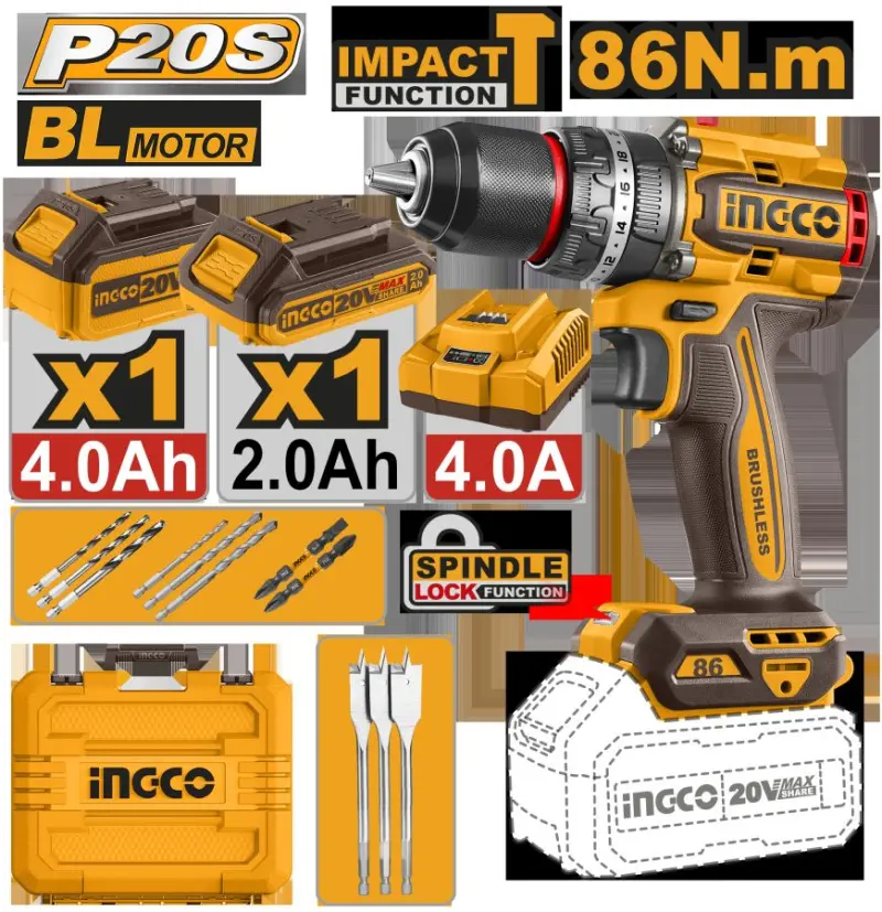 Ingco CIDLI20868 20V Brushless Cordless Impact Drill, 86Nm, 2 Batteries