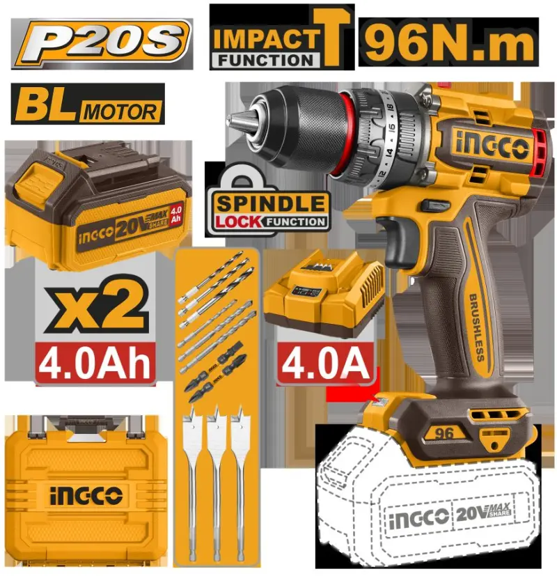 Ingco CIDLI20968 Brushless Cordless Impact Drill 96Nm 2 Batteries