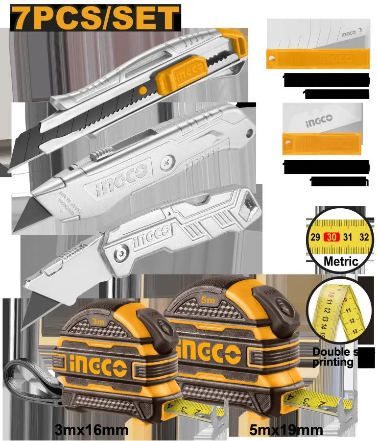 Ingco 7 sany ruletka we gurluşyk pyçaklary toplumy HMK23039