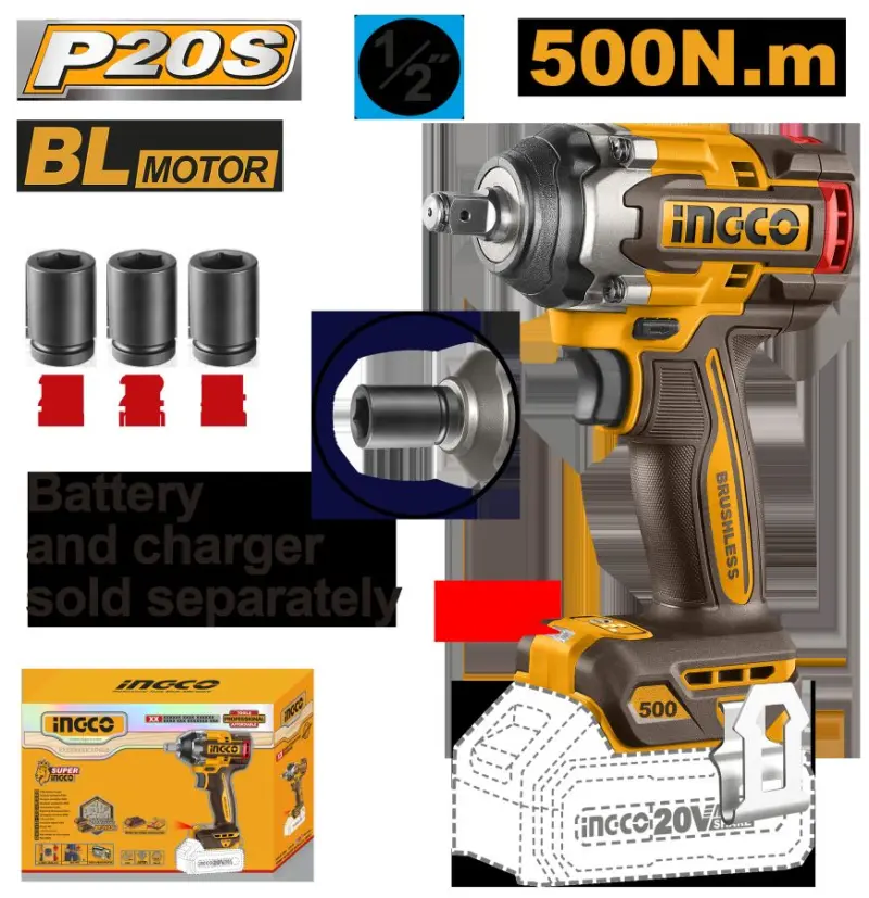 Ingco Аккумуляторный ударный гайковерт 20В BL 500Нм CIWLI20501