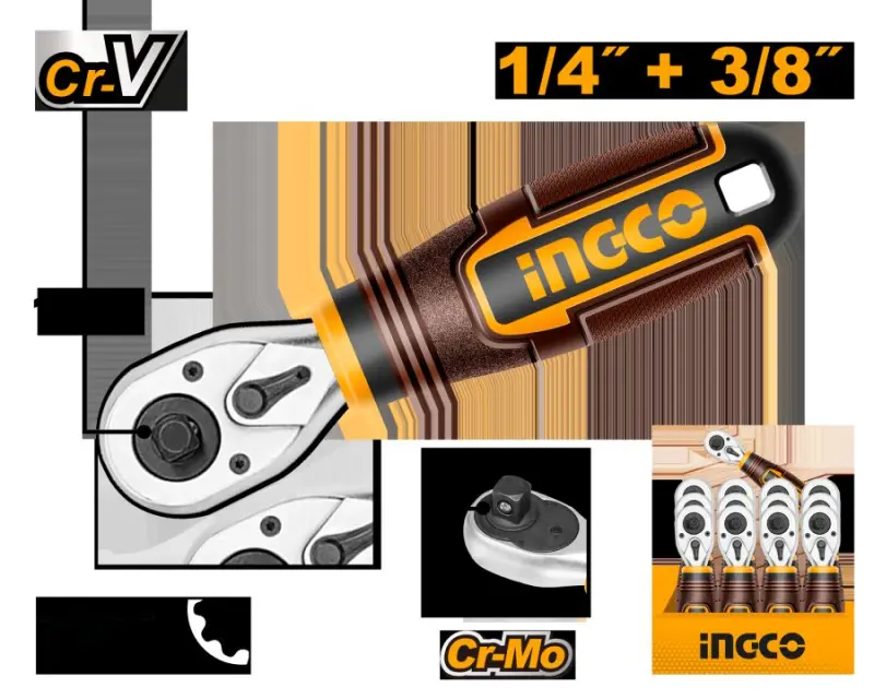 Укороченная ручка-трещотка Ingco HRTH081438 1/4r+3/8r, профессиональная