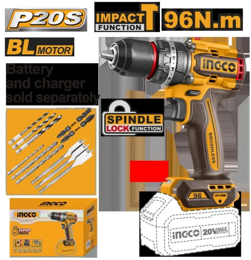 Бесщеточная аккумуляторная ударная дрель Ingco 96Нм (CIDLI209681)