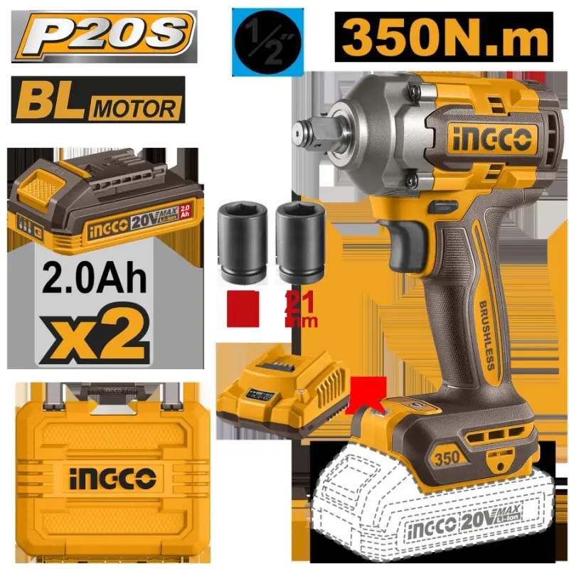 Ingco CIWLI2035 20V Cordless Impact Wrench 350 Nm 2x2.0Ah Batteries